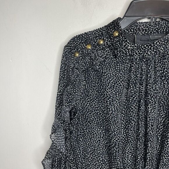 PINKO Mini Dress Women 2 Black Gray Dot Long Sleeve Ruffle Trim Viscose Silk - Picture 4 of 15